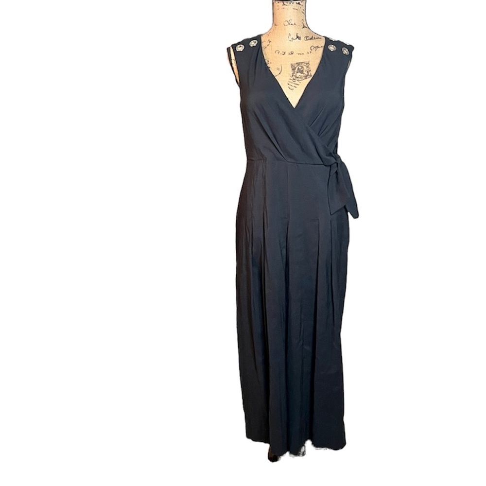 Rachel Roy Pleated Wide-Leg Grommet Jumpsuit in Seaside Black Sz 10